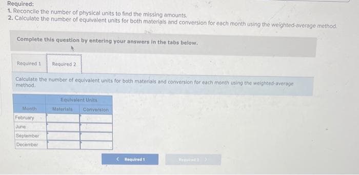 Required:
1. Reconcile the number of physical units to find the missing amounts.
2. Calculate the number of equivalent units for both materials and conversion for each month using the weighted-average method.
Complete this question by entering your answers in the tabs below.
Required 1 Required 2
Calculate the number of equivalent units for both materials and conversion for each month using the weighted average
method..
Month
February
June
September
December
Equivalent Units
Materials Conversion
< Required 1