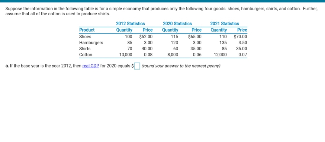 Suppose the information in the following table is for a simple economy that produces only the following four goods: shoes, hamburgers, shirts, and cotton. Further,
assume that all of the cotton is used to produce shirts.
2012 Statistics
2020 Statistics
2021 Statistics
Quantity
Product
Shoes
Quantity
Price
Quantity
Price
Price
100
$52.00
115
$65.00
110
$70.00
Hamburgers
85
3.00
120
3.00
135
3.50
Shirts
70
40.00
60
35.00
85
35.00
Cotton
10,000
0.08
8.000
0.06
12,000
0.07
a. If the base year is the year 2012, then real GDP for 2020 equals $ (round your answer to the nearest penny)
