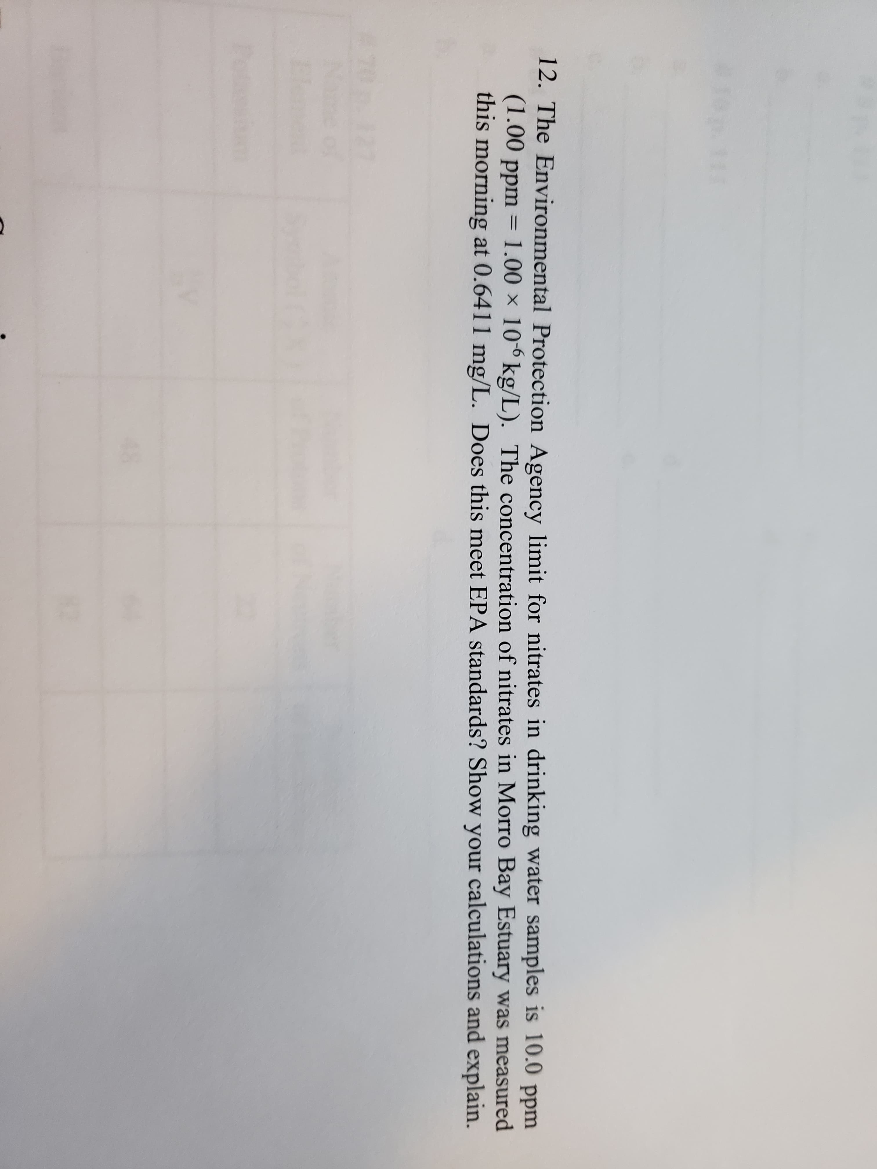 12. The Environmental Protection Agency limit for nitrates in drinking water samples is 10.0 ppm
(1.00 ppm = 1.00 × 10° kg/L). The concentration of nitrates in Morro Bay Estuary was measured
this morning at 0.6411 mg/L. Does this meet EPA standards? Show your calculations and explain.
-6
Name
