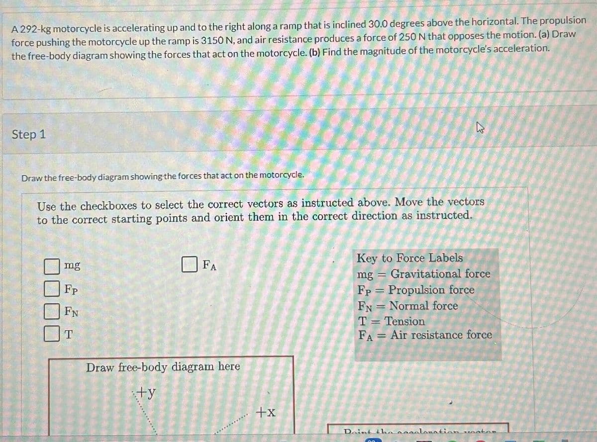 A 292-kg motorcycle is accelerating up and to the right along a ramp that is inclined 30.0 degrees above the horizontal. The propulsion
force pushing the motorcycle up the ramp is 3150 N, and air resistance produces a force of 250 N that opposes the motion. (a) Draw
the free-body diagram showing the forces that act on the motorcycle. (b) Find the magnitude of the motorcycle's acceleration.
Step 1
Draw the free-body diagram showing the forces that act on the motorcycle.
Use the checkboxes to select the correct vectors as instructed above. Move the vectors
to the correct starting points and orient them in the correct direction as instructed.
mg
Fp
FN
T
☐FA
Draw free-body diagram here
+y
+x
K
Key to Force Labels
mg Gravitational force
Fp Propulsion force
FN Normal force
T = Tension
FA Air resistance force
=
-
Daint the acceleration raakas