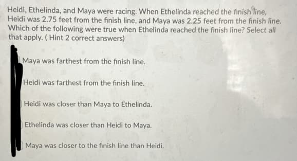 Heidi, Ethelinda, and Maya were racing. When Ethelinda reached the finish line,
Heidi was 2.75 feet from the finish line, and Maya was 2.25 feet from the finish line.
Which of the following were true when Ethelinda reached the finish line? Select all
that apply. (Hint 2 correct answers)
Maya was farthest from the finish line.
Heidi was farthest from the finish line.
Heidi was closer than Maya to Ethelinda.
Ethelinda was closer than Heidi to Maya.
Maya was closer to the finish line than Heidi.
