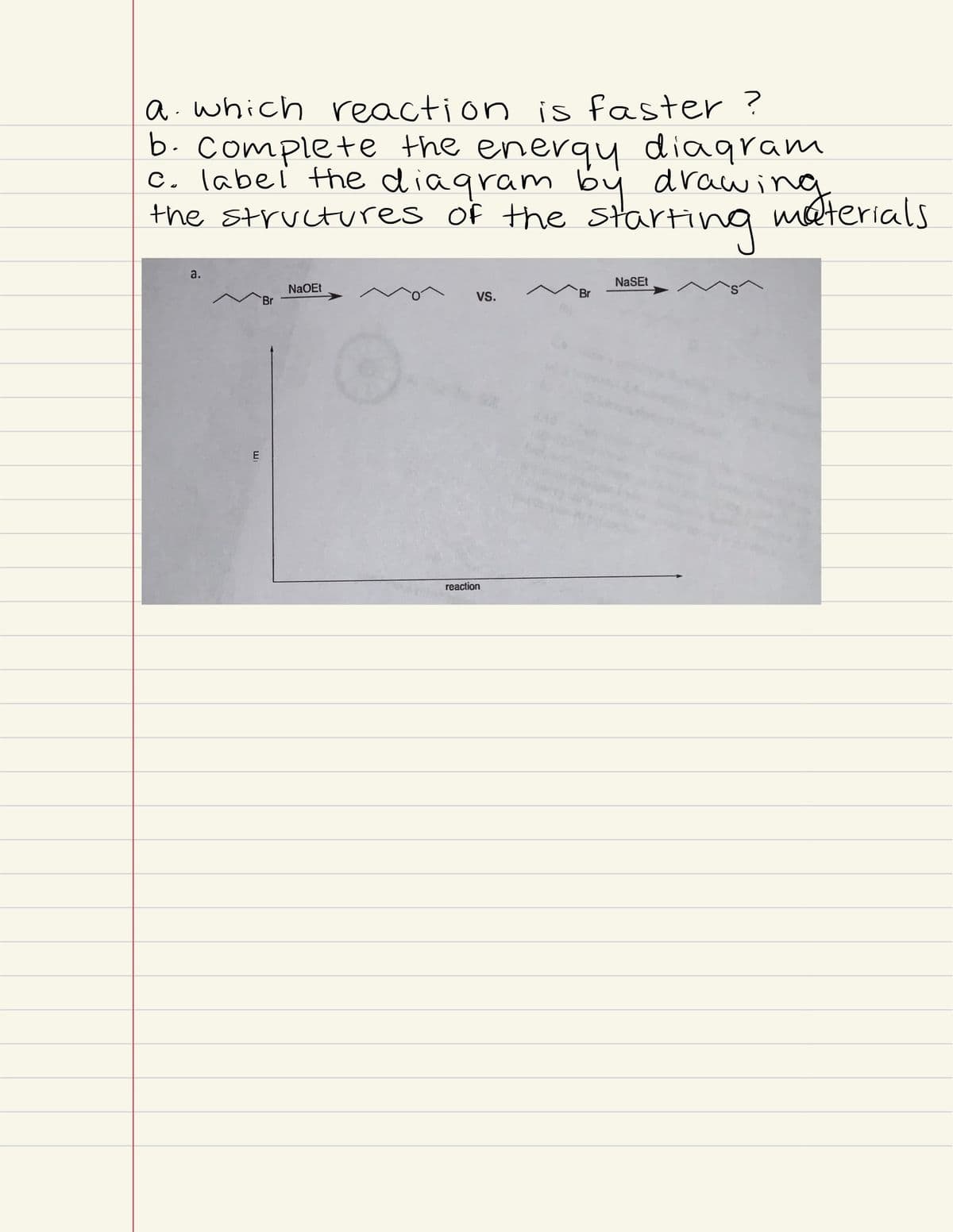 a. which reaction is faster ?
b. complete the enerqy diagram
c. labei the diagram by drawing
the structures of the Starting
a.
NaSEt
NaOEt
Vs.
Br
Br
reaction
