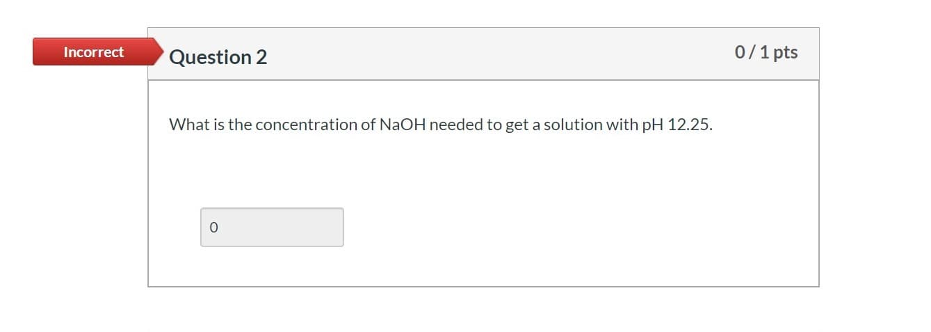 Incorrect
Question 2
0/1 pts
What is the concentration of NaOH needed to get a solution with pH 12.25.
