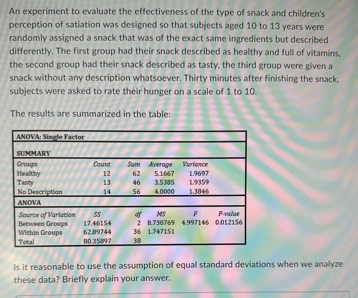 An experiment to evaluate the effectiveness of the type of snack and children's
perception of satiation was designed so that subjects aged 10 to 13 years were
randomly assigned a snack that was of the exact same ingredients but described
differently. The first group had their snack described as healthy and full of vitamins,
the second group had their snack described as tasty, the third group were given a
snack without any description whatsoever. Thirty minutes after finishing the snack,
subjects were asked to rate their hunger on a scale of 1 to 10.
The results are summarized in the table:
ANOVA: Single Factor
SUMMARY
Groups
Healthy
Tasty
No Description
ANOVA
Source of Variation
Between Groups
Within Groups
Total
Count
12
13
14
SS
17.46154
62.89744
80.35897
Sum Average
62
5.1667
46
3.5385
56 4.0000
Variance
1.9697
1.9359
1.3846
df MS
F
P-value
2 8.730769 4.997146 0.012156
36 1.747151
38
Is it reasonable to use the assumption of equal standard deviations when we analyze
these data? Briefly explain your answer.