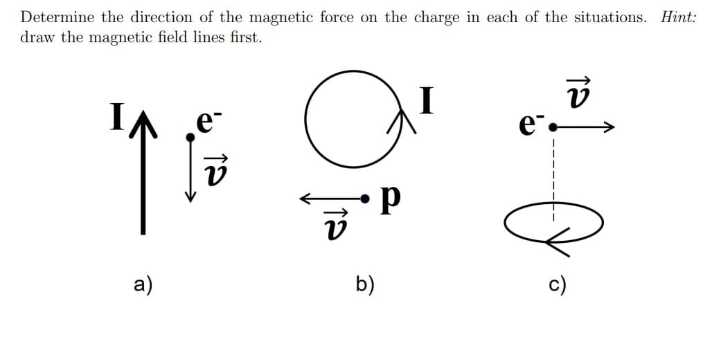 12
Determine the direction of the magnetic force on the charge in each of the situations. Hint:
draw the magnetic field lines first.
ΙΛ
e-
a)
р
e.
12
b)
이