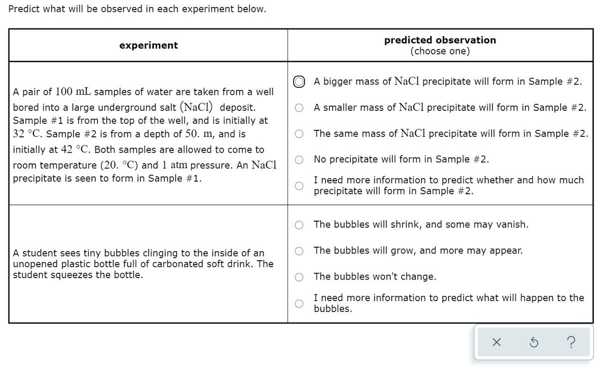 Predict what will be observed in each experiment below.
predicted observation
(choose one)
experiment
O A bigger mass of NaCl precipitate will form in Sample #2.
A pair of 100 mL samples of water are taken from a well
bored into a large underground salt (NaCl) deposit.
Sample #1 is from the top of the well, and is initially at
32 °C. Sample #2 is from a depth of 50. m, and is
A smaller mass of NaCl precipitate will form in Sample #2.
The same mass of NaCl precipitate will form in Sample #2.
initially at 42 °C. Both samples are allowed to come to
No precipitate will form in Sample #2.
room temperature (20. °C) and 1 atm pressure. An NaCl
precipitate is seen to form in Sample #1.
I need more information to predict whether and how much
precipitate will form in Sample #2.
The bubbles will shrink, and some may vanish.
The bubbles will grow, and more may appear.
A student sees tiny bubbles clinging to the inside of an
unopened plastic bottle full of carbonated soft drink. The
student squeezes the bottle.
The bubbles won't change.
I need more information to predict what will happen to the
bubbles.
