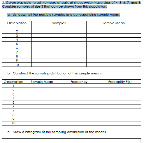 2. Coren was able to sell numbers of pairs of shoes which have sizes of 4, 5, 6, 7, and 8.
Consider samples of size 3 that can be drawn from this population.
a. List down all the possible samples and corresponding sample mean.
Observation
Samples
Sample Mean
1
4
7
10
b. Construct the sampling distribution of the sample means.
Observation
Sample Mean
Frequency
Probability P(x)
1
4
6
10
c. Draw a histogram of the sampling distribution of the means.
