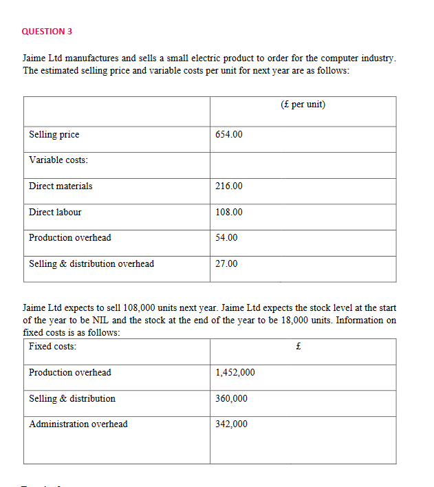 QUESTION 3
Jaime Ltd manufactures and sells a small electric product to order for the computer industry.
The estimated selling price and variable costs per unit for next year are as follows:
(£ per unit)
Selling price
654.00
Variable costs:
Direct materials
216.00
Direct labour
108.00
Production overhead
54.00
Selling & distribution overhead
27.00
Jaime Ltd expects to sell 108,000 units next year. Jaime Ltd expects the stock level at the start
of the year to be NIL and the stock at the end of the year to be 18,000 units. Information on
fixed costs is as follows:
Fixed costs:
£
Production overhead
1,452,000
Selling & distribution
360,000
Administration overhead
342,000
