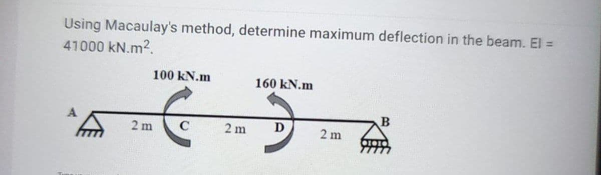 Using Macaulay's method, determine maximum deflection in the beam. El =
41000 kN.m2.
100 kN.m
160 kN.m
2 m
2 m
D
2 m
