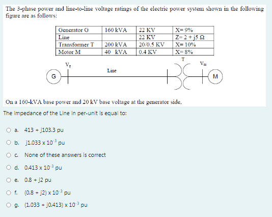 The 3-phase power and line-to-line voltage ratings of the electrie power system shown in the following
figure are as follows:
160 kVA
Generator G
Line
Transformer T
22 KV
X= 9%
22 KV
Z- 2 +j5 2
200 kVA
20/0.5 KV
X= 10%
Motor M
40 kVA
0.4 KV
X= 8%
V,
Line
M
On a 160-kVA base power and 20 kV base voltage at the generator side,
The impedance of the Line in per-unit is equal to:
O a. 413 + j103.3 pu
O b. j1.033 x 10 pu
O . None of these answers is correct
O d. 0.413 x 10 pu
O e. 0.8 + j2 pu
O f. (0.8 + j2) x 10 pu
O g. (1.033 + jo.413) x 10 pu
