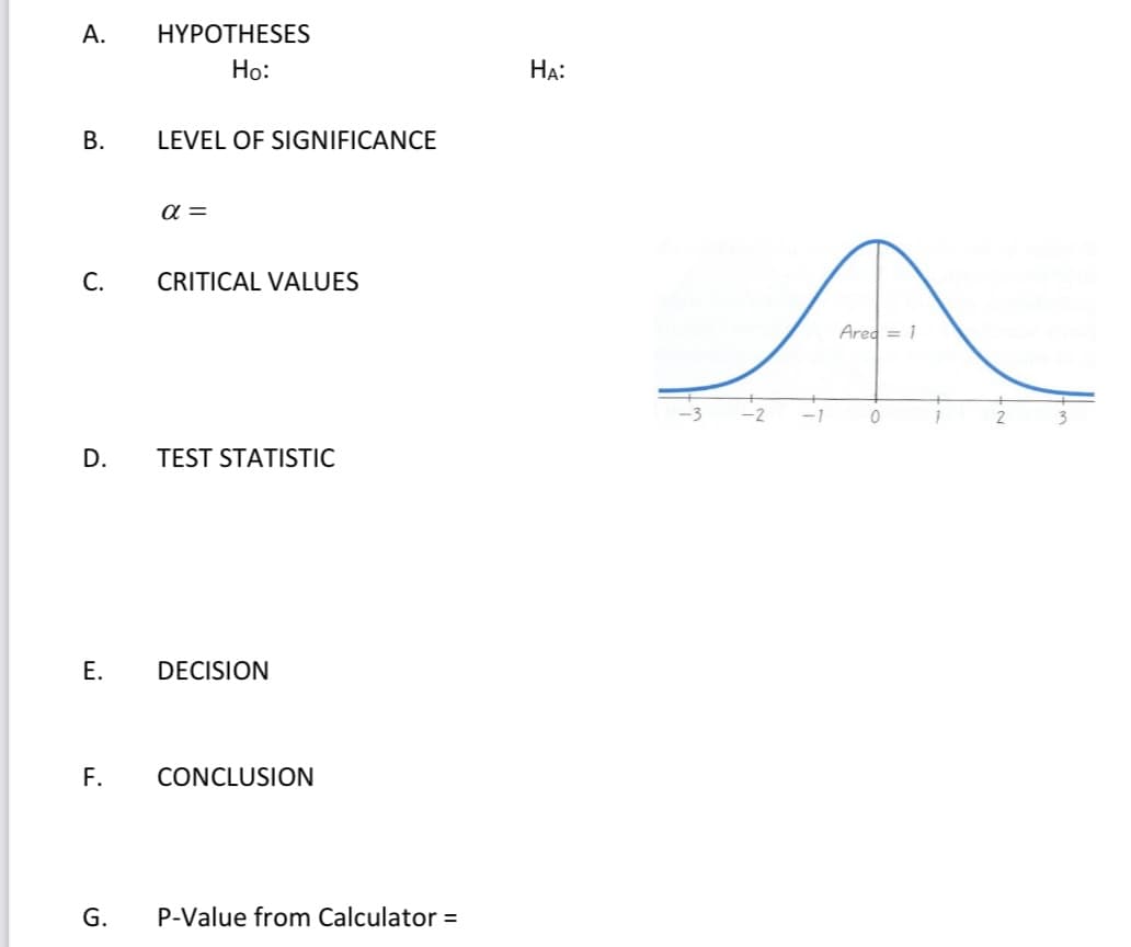 А.
HYPOTHESES
Но:
НА:
В.
LEVEL OF SIGNIFICANCE
α-
С.
CRITICAL VALUES
Ared = 1
-1
D.
TEST STATISTIC
Е.
DECISION
F.
CONCLUSION
G.
P-Value from Calculator =
