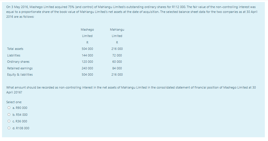 On 3 May 2016, Mashego Limited acquired 75% (and control) of Mahlangu Limited's outstanding ordinary shares for R112 000. The fair value of the non-controlling interest was
equal to a proportionate share of the book value of Mahlangu Limited's net assets at the date of acquisition. The selected balance sheet data for the two companies as at 30 April
2016 are as follows:
Mashego
Mahlangu
Limited
Limited
R
R
Total assets
504 000
216 000
Liabilities
144 000
72 000
Ordinary shares
120 000
60 000
Retained earnings
240 000
84 000
Equity & liabilities
504 000
216 000
What amount should be recorded as non-controlling interest in the net assets of Mahlangu Limited in the consolidated statement of financial position of Mashego Limited at 30
April 2016?
Select one:
O a. R90 000
O b. R54 000
O C R36 000
O d. R108 000
