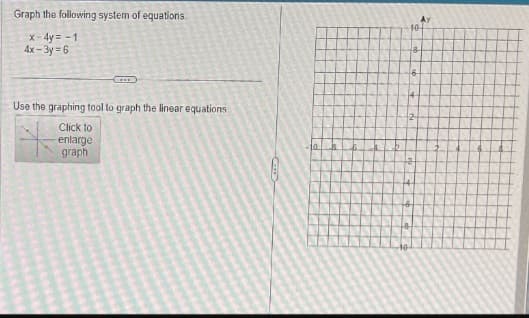 Graph the following system of equations.
x - 4y= -1
4x-3y=6
E
Use the graphing tool to graph the linear equations
Click to
enlarge
graph
to
10
10
8
2
Ay