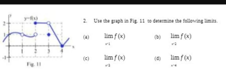 انه
yx)
Fig. 11
2.
(4)
(ع)
Use the graph in Fig. 11 to determine the following limits.
lim f (x)
lim f (x)
*1
lim f (x)
ri
(b)
(۵)
lim f (x)