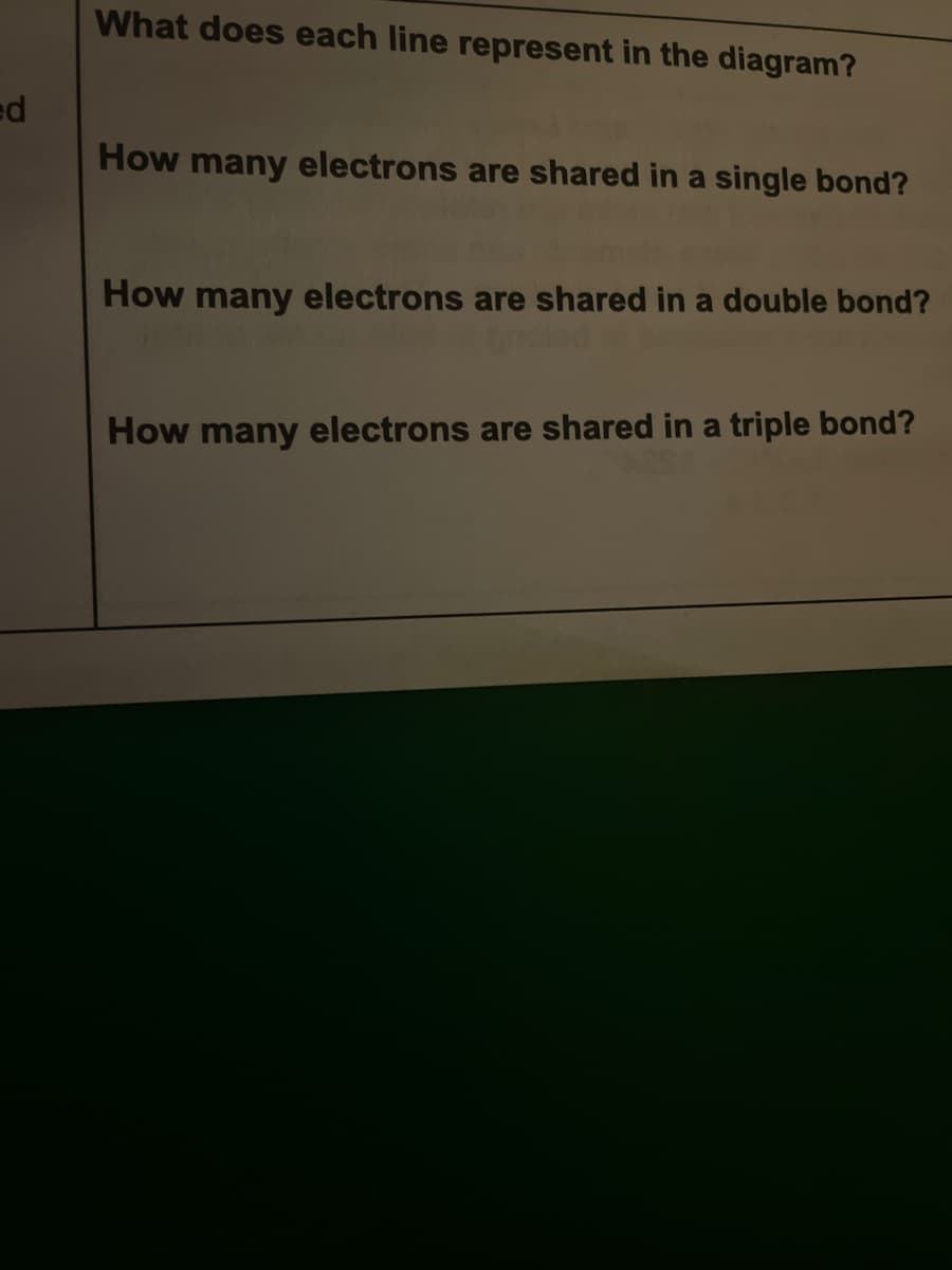 What does each line represent in the diagram?
pa
How many electrons are shared in a single bond?
How many electrons are shared in a double bond?
onolod o
How many electrons are shared in a triple bond?
