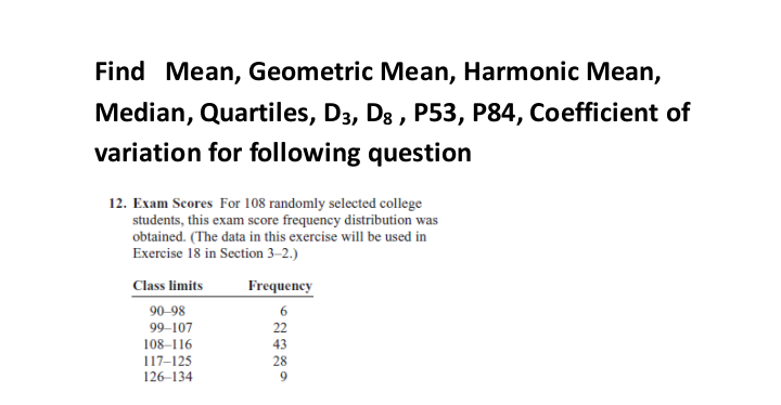 Find Mean, Geometric Mean, Harmonic Mean,
Median, Quartiles, D3, D3 , P53, P84, Coefficient of
variation for following question
12. Exam Scores For 108 randomly selected college
students, this exam score frequency distribution was
obtained. (The data in this exercise will be used in
Exercise 18 in Section 3–2.)
Class limits
Frequency
90-98
6
99–107
108–116
117–125
126–134
22
43
28
9.
