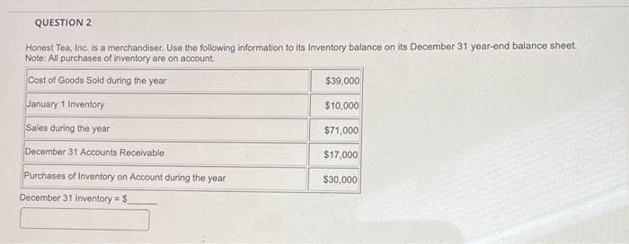 QUESTION 2
Honest Tea, Inc. is a merchandiser. Use the following information to its Inventory balance on its December 31 year-end balance sheet.
Note: All purchases of inventory are on account.
Cost of Goods Sold during the year
January 1 Inventory
Sales during the year
December 31 Accounts Receivable
Purchases of Inventory on Account during the year
December 31 Inventory = $__
$39,000
$10,000
$71,000
$17,000
$30,000