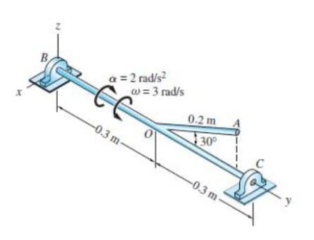 B
a = 2 rad/s?
w =3 rad/s
0.2 m
30
-0.3 m-
-0.3 m
