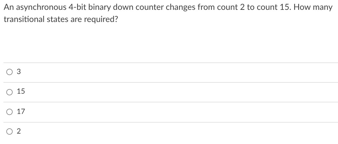 An asynchronous 4-bit binary down counter changes from count 2 to count 15. How many
transitional states are required?
3
15
17
2.
