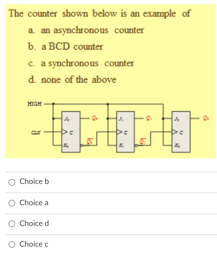 The counter shown below is an example of
a. an asynchronous counter
b. a BCD counter
c. a synchronous counter
d. none of the above
HIGH
O Choice b
Choice a
Choice d
O Choice c
