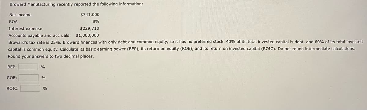 Broward Manufacturing recently reported the following information:
Net income
ROA
Interest expense
$229,710
Accounts payable and accruals
$1,000,000
Broward's tax rate is 25%. Broward finances with only debt and common equity, so it has no preferred stock. 40% of its total invested capital is debt, and 60% of its total invested
capital is common equity. Calculate its basic earning power (BEP), its return on equity (ROE), and its return on invested capital (ROIC). Do not round intermediate calculations.
Round your answers to two decimal places.
BEP:
ROE:
ROIC:
%
%
$741,000
8%
%