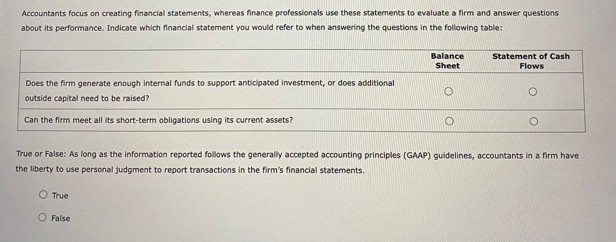 Accountants focus on creating financial statements, whereas finance professionals use these statements to evaluate a firm and answer questions
about its performance. Indicate which financial statement you would refer to when answering the questions in the following table:
Does the firm generate enough internal funds to support anticipated investment, or does additional
outside capital need to be raised?
Can the firm meet all its short-term obligations using its current assets?
O True
Balance
Sheet
O False
O
O
Statement of Cash
Flows
O
True or False: As long as the information reported follows the generally accepted accounting principles (GAAP) guidelines, accountants in a firm have
the liberty to use personal judgment to report transactions in the firm's financial statements.
O