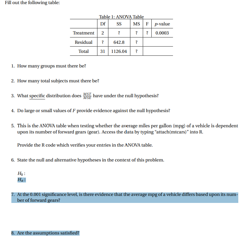 Fill out the following table:
Table 1: ANOVA Table
Df
SS
MS F p-value
Treatment 2
?
?
?
0.0003
Residual ?
642.8 ?
Total
31
1126.04
?
1. How many groups must there be?
2. How many total subjects must there be?
MST
MSE
3. What specific distribution does have under the null hypothesis?
4. Do large or small values of F provide evidence against the null hypothesis?
5. This is the ANOVA table when testing whether the average miles per gallon (mpg) of a vehicle is dependent
upon its number of forward gears (gear). Access the data by typing "attach(mtcars)" into R.
Provide the R code which verifies your entries in the ANOVA table.
6. State the null and alternative hypotheses in the context of this problem.
Ho:
Ha:
7. At the 0.001 significance level, is there evidence that the average mpg of a vehicle differs based upon its num-
ber of forward gears?
8. Are the assumptions satisfied?