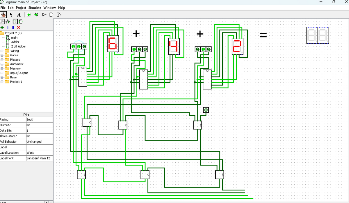 ✈ Logisim: main of Project 2 (2)
File Edit Project Simulate Window Help
A
Project 2 (2)
main
Adder
▷ D D
2 bit Adder
110
Wiring
Gates
Plexers
Arithmetic
Memory
Input/Output
Base
Project 1
Facing
Output?
Pin
South
No
Data Bits
1
Three-state?
No
Pull Behavior
Unchanged
Label
Label Location
West
Label Font
SansSerif Plain 12
+
+
100
000
=
0
Х