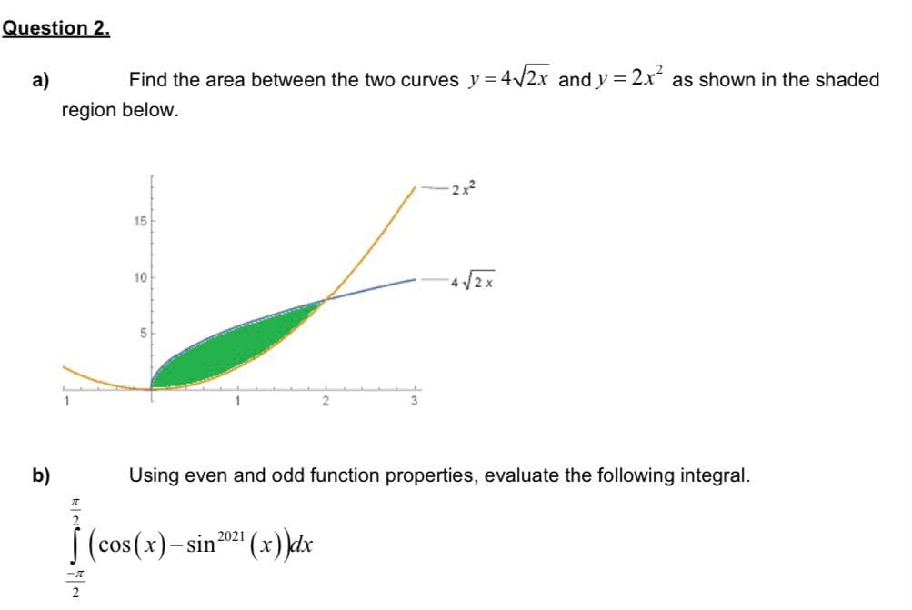 Question 2.
а)
Find the area between the two curves y =4/2x and y = 2x as shown in the shaded
region below.
-2x2
15
10
4 V2x
b)
Using even and odd function properties, evaluate the following integral.
| (cos (x)–
2021
- sin
