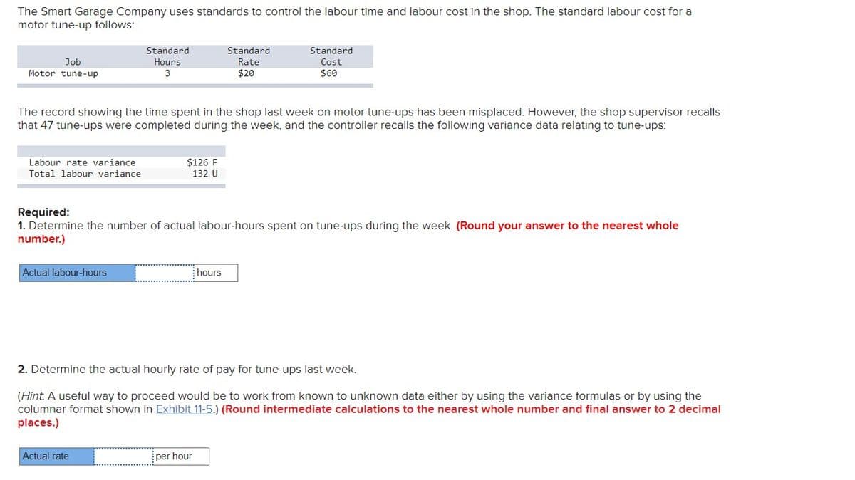 The Smart Garage Company uses standards to control the labour time and labour cost in the shop. The standard labour cost for a
motor tune-up follows:
Job
Motor tune-up
Standard
Hours
3
Standard
Rate
Standard
Cost
$20
$60
The record showing the time spent in the shop last week on motor tune-ups has been misplaced. However, the shop supervisor recalls
that 47 tune-ups were completed during the week, and the controller recalls the following variance data relating to tune-ups:
Labour rate variance
Total labour variance
$126 F
132 U
Required:
1. Determine the number of actual labour-hours spent on tune-ups during the week. (Round your answer to the nearest whole
number.)
Actual labour-hours
_hours
2. Determine the actual hourly rate of pay for tune-ups last week.
(Hint. A useful way to proceed would be to work from known to unknown data either by using the variance formulas or by using the
columnar format shown in Exhibit 11-5.) (Round intermediate calculations to the nearest whole number and final answer to 2 decimal
places.)
Actual rate
per hour