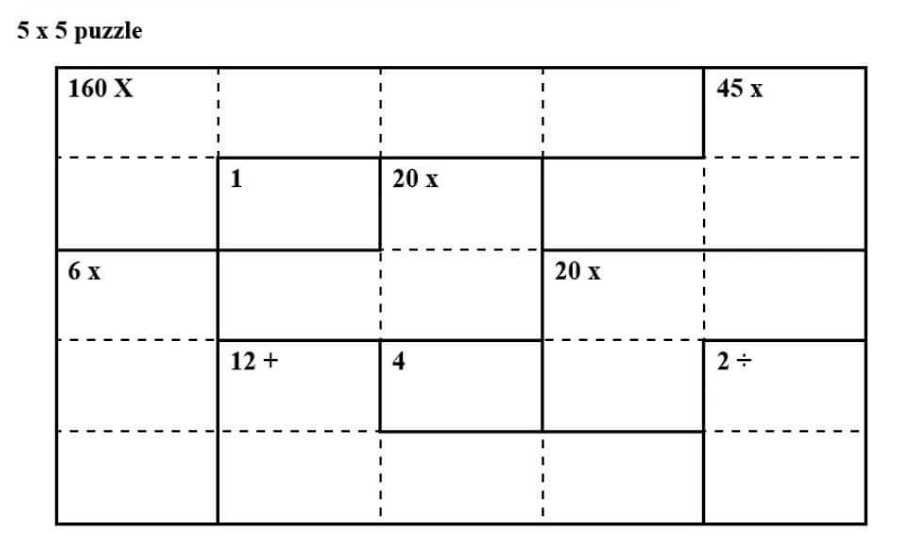 5 x 5 puzzle
160 X
6 x
1
12 +
I
20 x
4
20 X
45 x
2÷
I