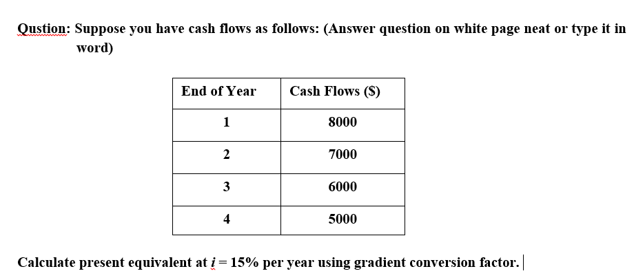 Qustion: Suppose you have cash flows as follows: (Answer question on white page neat or type it in
word)
End of Year
Cash Flows (S)
1
8000
7000
6000
4
5000
Calculate present equivalent at i= 15% per year using gradient conversion factor.
2.
3.
