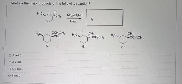 What are the major products of the following reaction?
O A and C
A and B
O A, B and C
OB and C
H₂C
H₂C
A.
Br
CH₂
OCH₂CH3
CH3
CH₂CH₂OH
Heat
H₂C₂
CH₂
OCH₂CH3
V
B.
H₂C,,
CH₂
-OCH₂CH₂