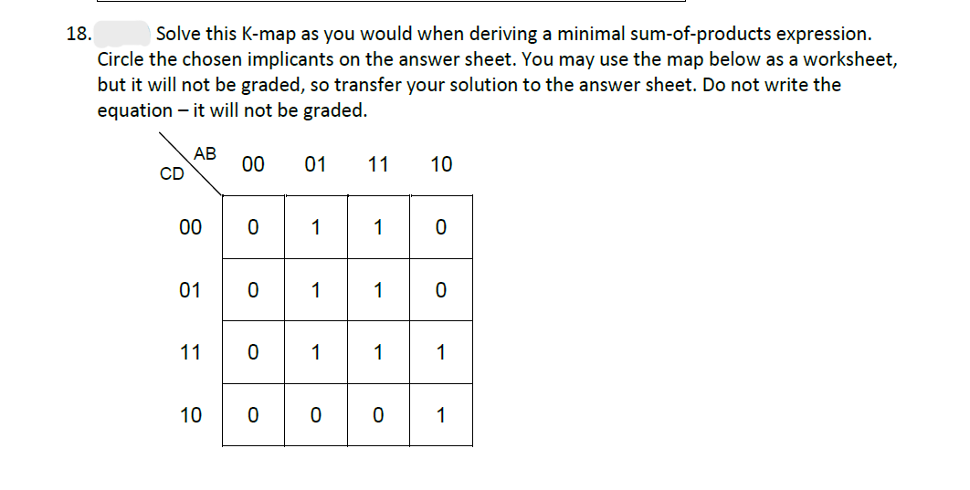 18.
Solve this K-map as you would when deriving a minimal sum-of-products expression.
Circle the chosen implicants on the answer sheet. You may use the map below as a worksheet,
but it will not be graded, so transfer your solution to the answer sheet. Do not write the
equation - it will not be graded.
AB
CD
00
01
11
10
00 01
0
0
0
1
0
1
11 10
1
1
。。。
0
0
0
1
1