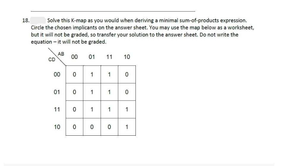 18.
Solve this K-map as you would when deriving a minimal sum-of-products expression.
Circle the chosen implicants on the answer sheet. You may use the map below as a worksheet,
but it will not be graded, so transfer your solution to the answer sheet. Do not write the
equation - it will not be graded.
CD
AB
00
01
11
10
00
0
01
01
0
1
1
0
11 10
1
1
O
0
0
1
1