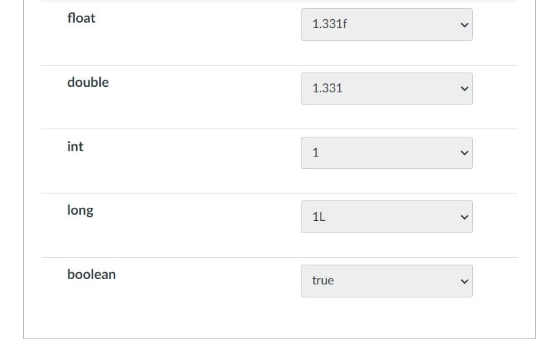 float
double
int
long
boolean
1.331f
1.331
1
1L
true
<
<
