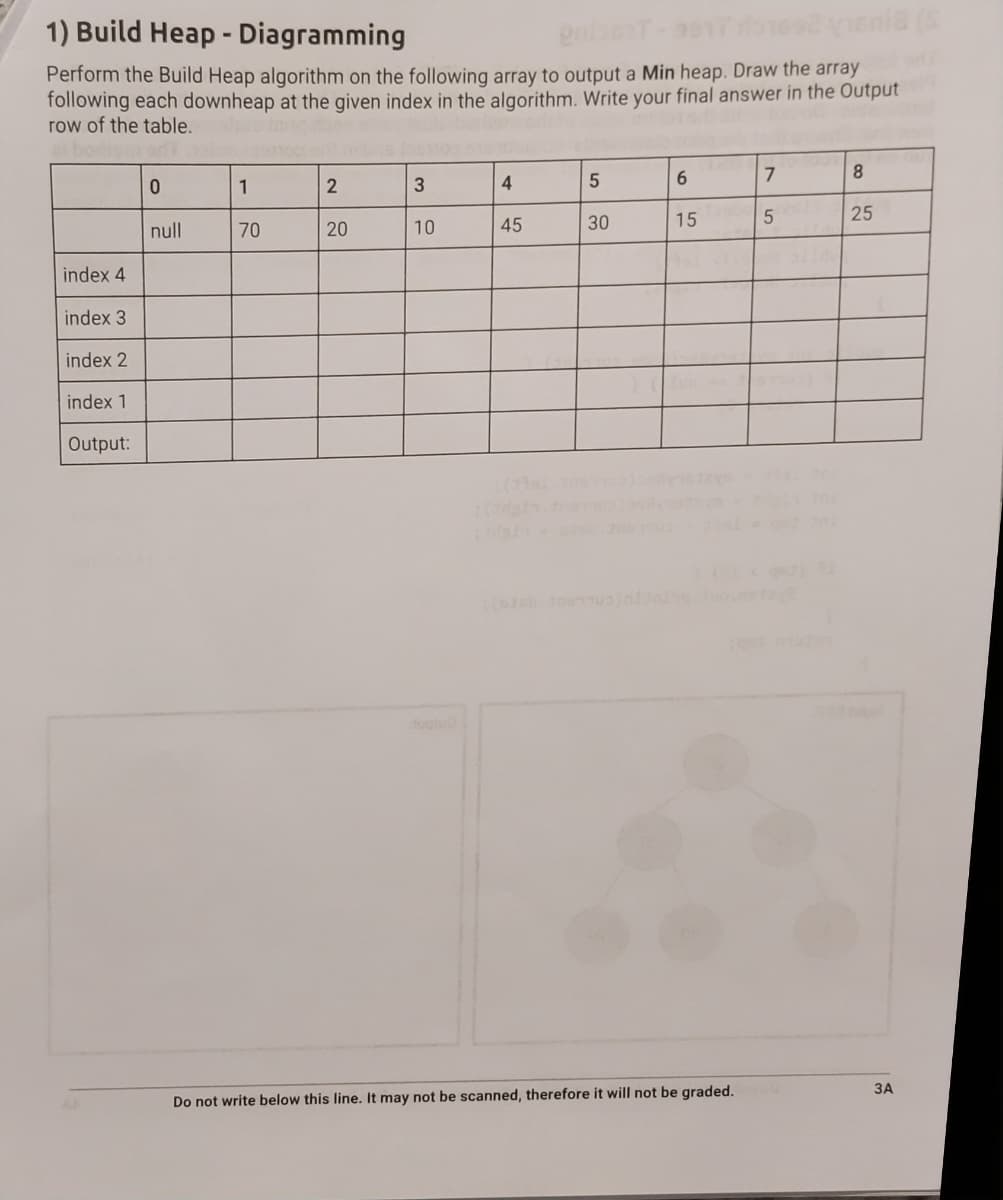 1) Build Heap - Diagramming
grisenT-9917 ro1692 vienis (S
Perform the Build Heap algorithm on the following array to output a Min heap. Draw the array
following each downheap at the given index in the algorithm. Write your final answer in the Output
row of the table.
index 4
index 3
index 2
index 1
Output:
0
null
1
70
2
20
3
10
4
45
(37
(da
5
30
6
15
Do not write below this line. It may not be scanned, therefore it will not be graded.
7
5
8
25
3A