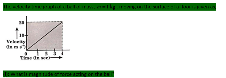 The velocity time graph of a ball of mass, m=1 kg , moving on the surface of a floor is given as,
20
Velocity
(in m s)
Time (in sec)
i): What is magnitude of force acting on the ball?
