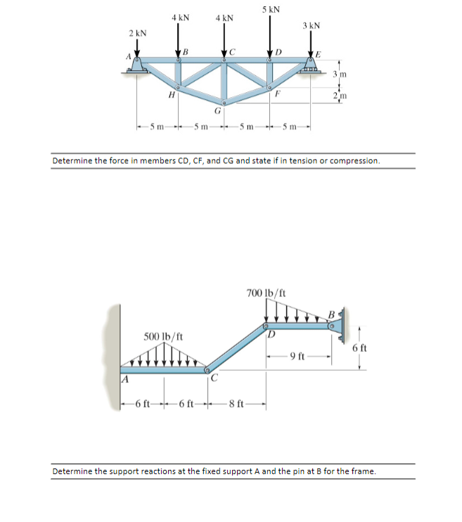 2 kN
4 kN
A
B
-5 m
500 lb/ft
4 kN
-6 ft 6 ft-
5 m-
5 kN]
D
-8 ft-
-5 m-
Determine the force in members CD, CF, and CG and state if in tension or compression.
3 kN
700 lb/ft
E
3 m
9 ft
2 m
مستشار
B
6 ft
Determine the support reactions at the fixed support A and the pin at B for the frame.