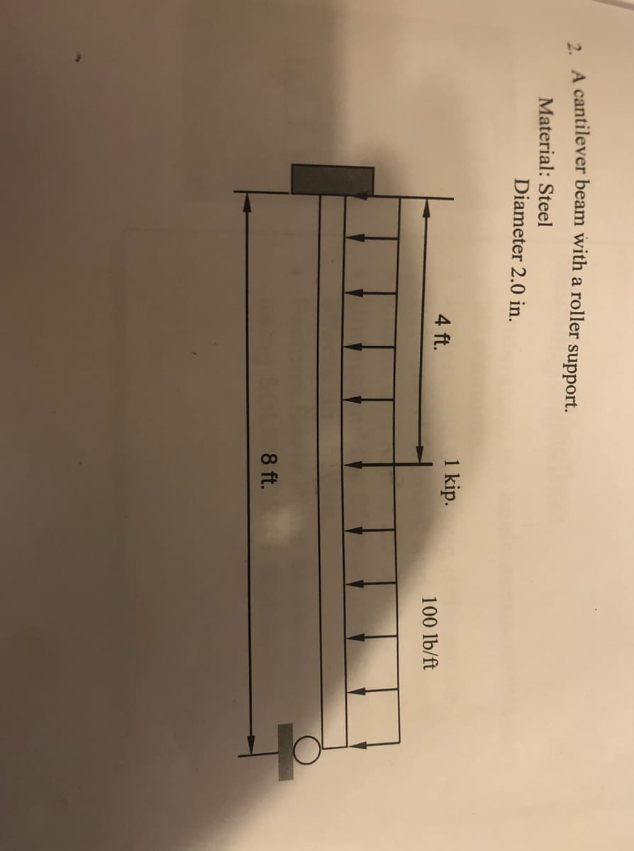 , A cantilever beam with a roller support.
Material: Steel
Diameter 2.0 in.
1 kip.
4 ft.
100 lb/ft
8 ft.

