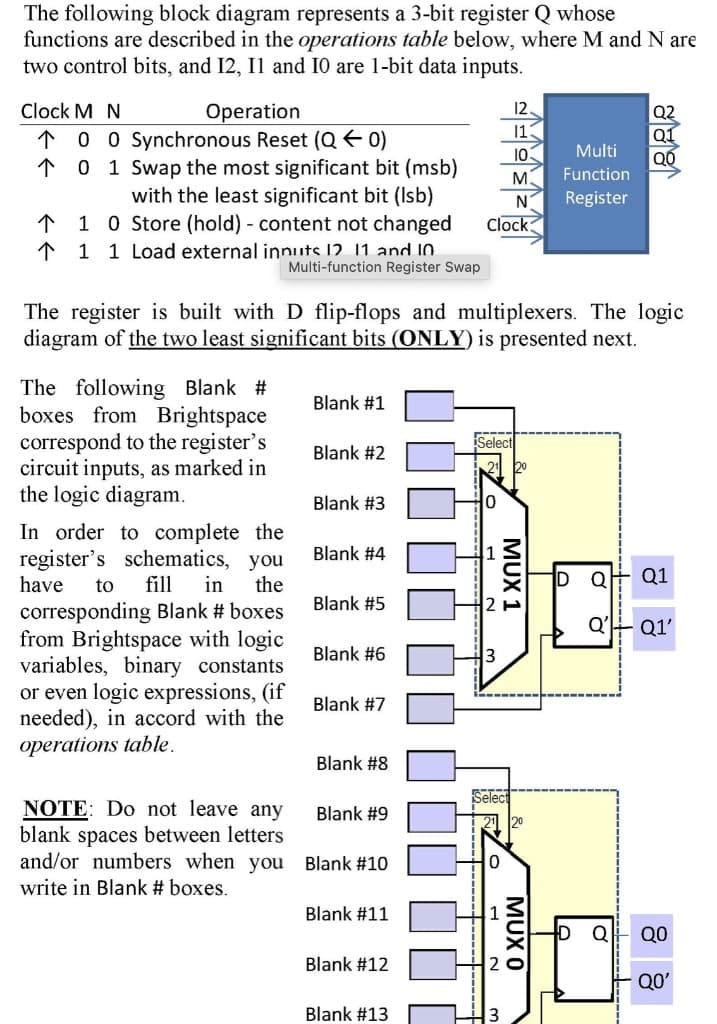 The following block diagram represents a 3-bit register Q whose
functions are described in the operations table below, where M and N are
two control bits, and I2, Il and I0 are 1-bit data inputs.
Clock M N
12
Operation
↑ 0 0 Synchronous Reset (QE 0)
↑ 0 1 Swap the most significant bit (msb)
with the least significant bit (Isb)
1 0 Store (hold) - content not changed
1 1 Load external innuts 12. 11 and IO
Q2
11
Q1
QO
10
Multi
M.
Function
Register
Clock:
Multi-function Register Swap
The register is built with D flip-flops and multiplexers. The logic
diagram of the two least significant bits (ONLY) is presented next.
The following Blank #
boxes from Brightspace
correspond to the register's
circuit inputs, as marked in
the logic diagram.
Blank #1
!Select
Blank #2
20
Blank #3
In order to complete the
register's schematics, you
have
Blank #4
to
fill
in
the
D Q
Q1
Blank #5
corresponding Blank # boxes
from Brightspace with logic
variables, binary constants
or even logic expressions, (if
needed), in accord with the
operations table.
Q'
Q1'
Blank #6
Blank #7
Blank #8
Select
NOTE: Do not leave any
blank spaces between letters
and/or numbers when you Blank #10
Blank #9
1게 20
write in Blank # boxes.
Blank #11
Q
Q0
Blank #12
QO'
Blank #13
MUX 1
MUX O
3.
