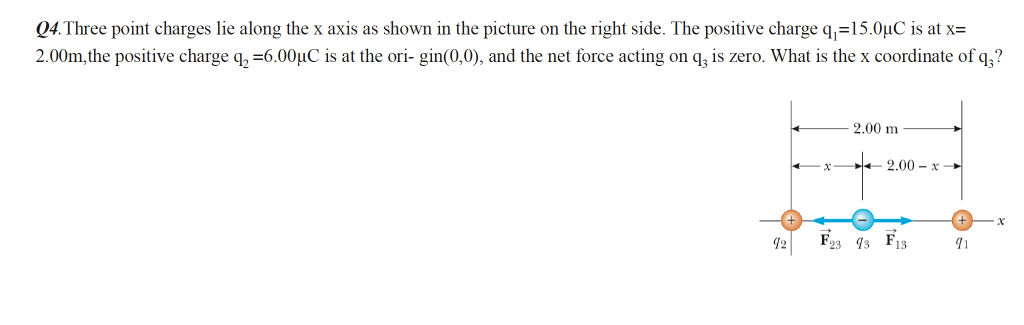 Q4.Three point charges lie along the x axis as shown in the picture on the right side. The positive charge q,=15.0µC is at x=
2.00m, the positive charge q, =6.00µC is at the ori- gin(0,0), and the net force acting on q, is zero. What is the x coordinate of q,?
2.00 m
Ex +– 2.00 – x -
12
F23 43 F13
