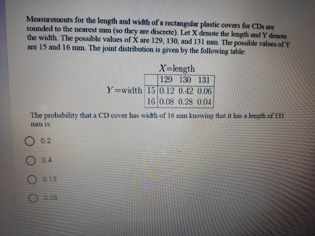 Measurements for the length and width of a rectangular plastic covers for CDs are
rounded to the nearest mm (so they are discrete). Let X denote the length and Y denote
the width. The possible values of X are 129, 130, and 131 mm. The possible values of Y
are 15 and 16 mm. The joint distribution is given by the following table:
X=length
129 130 131
Y=width 15 0.12 0.42 0.06
16 0.08 0.28 0.04
The probability that a CD cover has width of 16 mm knowing that it has a length of 131
mm is
0.2
0.4
0.13
O0.08
