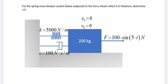 For the spring-mass-damper system below subjected to the force shown which is in Newtons, determine
x(t).
ち=0
V% =0
k=5000 N/ m
F=100-sin (5-1)N
200 kg
c=100 N s/m
