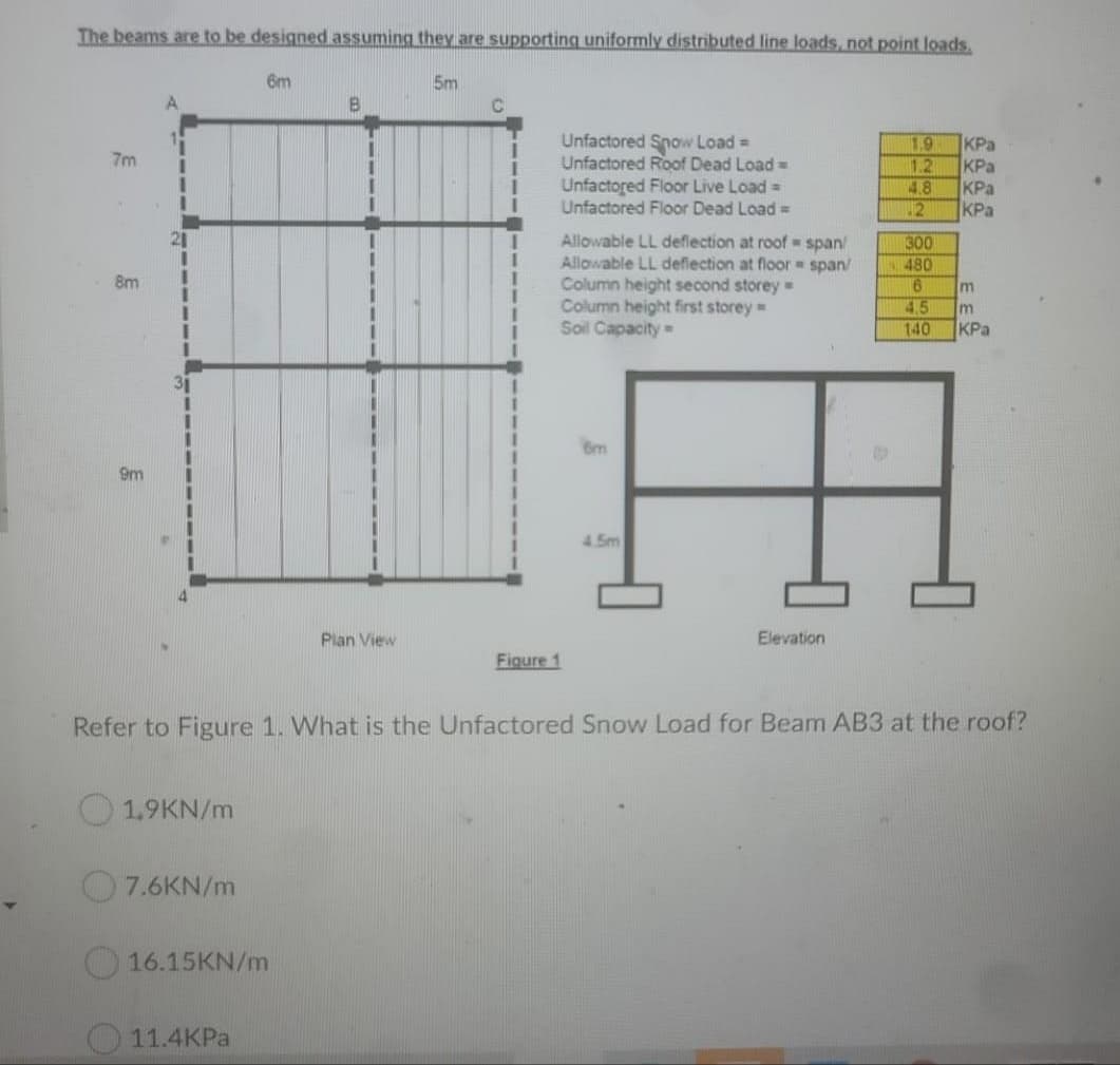 The beams are to be designed assuming they are supporting uniformly distributed line loads, not point loads.
6m
5m
Unfactored Snow Load =
Unfactored Roof Dead Load =
Unfactored Floor Live Load =
Unfactored Floor Dead Load =
1.9
KPa
KPa
7m
1.2
KPa
KPa
3D
4.8
12
21
3D
3D
Allowable LL deflection at roof span/
Allowable LL deflection at floor span/
Column height second storey -
Column height first storey
Soil Capacity
300
480
8m
Im
4.5
140
KPa
31
Bm
9m
4.5m
Plan View
Elevation
Figure 1
Refer to Figure 1. What is the Unfactored Snow Load for Beam AB3 at the roof?
O 1.9KN/m
7.6KN/m
16.15KN/m
11.4КРа
