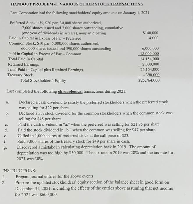 HANDOUT PROBLEM on VARIOUS OTHER STOCK TRANSACTIONS
Last Corporation had the following stockholders' equity amounts on January 1, 2021:
Preferred Stock, 4%, $20 par, 30,000 shares authorized,
7,000 shares issued and 7,000 shares outstanding, cumulative
(one year of dividends in arrears), nonparticipating
$140,000
14,000
Paid in Capital in Excess of Par - Preferred
Common Stock, S10 par, 5,000,000 shares authorized,
600,000 shares issued and 590,000 shares outstanding
6,000,000
Paid in Capital in Excess of Par - Common
Total Paid in Capital
Retained Earnings
Total Paid in Capital plus Retained Earnings
Treasury Stock
18.000,000
24,154,000
2.000,000
26,154,000
- 390.000
Total Stockholders' Equity
S25,764,000
Last completed the following chronological transactions during 2021:
Declared a cash dividend to satisfy the preferred stockholders when the preferred stock
was selling for $22 per share
Declared a 3% stock dividend for the common stockholders when the common stock was
а.
b.
selling for $48 per share.
Paid the cash dividend in "a." when the preferred was selling for $21.75 per share.
Paid the stock dividend in "b." when the common was selling for $47 per share.
Called in 1,000 shares of preferred stock at the call price of $23.
Sold 3,000 shares of the treasury stock for $49 per share in cash.
Discovered a mistake in calculating depreciation back in 2019. The amount of
depreciation was too high by $50,000. The tax rate in 2019 was 28% and the tax rate for
c.
d.
е.
f.
2021 was 30%.
INSTRUCTIONS:
Prepare journal entries for the above events
Prepare the updated stockholders' equity section of the balance sheet in good form on
December 31, 2021, including the effects of the entries above assuming that net income
1.
2.
for 2021 was $600,000.
