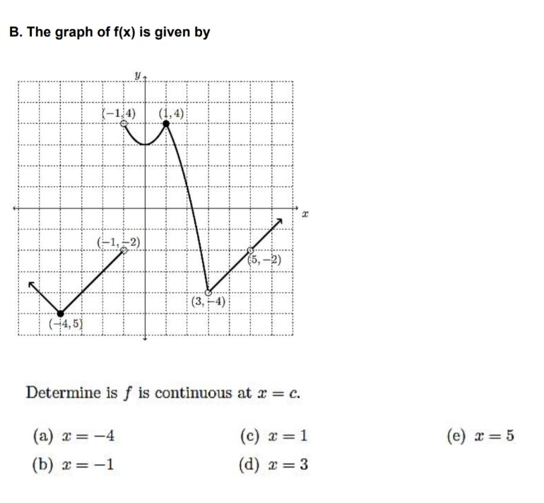 B. The graph of f(x) is given by
(-14)
(1,4)
(-1,–2)
(5,-2)
(3, -4)
(4, 5)
Determine is f is continuous at x = c.
(a) x = -4
(c) x = 1
(e) x = 5
(b) x = -1
(d) z 3
