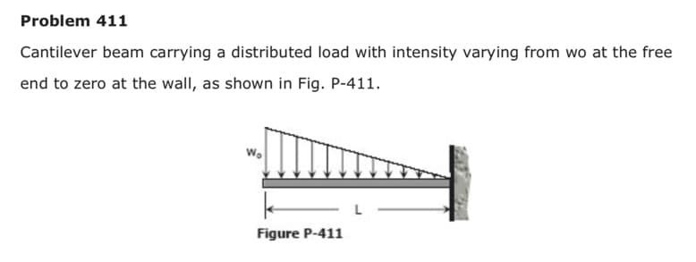 Problem 411
Cantilever beam carrying a distributed load with intensity varying from wo at the free
end to zero at the wall, as shown in Fig. P-411.
w.
Figure P-411
