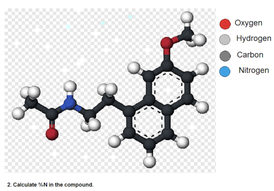 Охудen
Hydrogen
Carbon
Nitrogen
2. Calculate %N in the compound.
