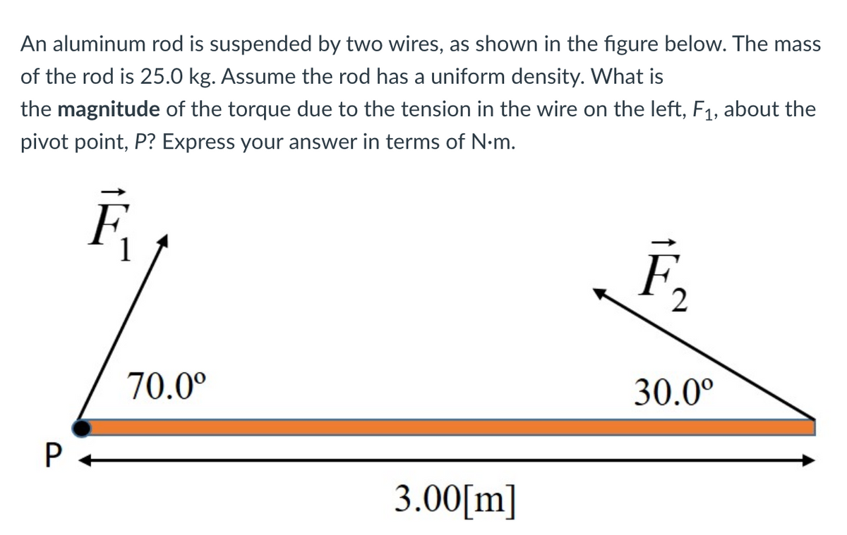 An aluminum rod is suspended by two wires, as shown in the figure below. The mass
of the rod is 25.0 kg. Assume the rod has a uniform density. What is
the magnitude of the torque due to the tension in the wire on the left, F1, about the
pivot point, P? Express your answer in terms of N•m.
F,
70.0°
30.0°
P +
3.00[m]
